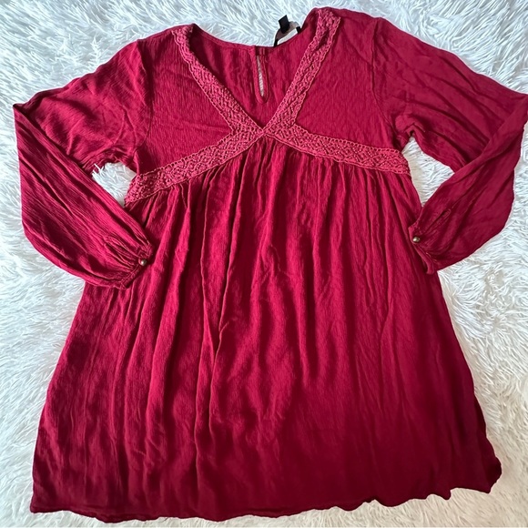 Suzanne Betro Boho Lace Trim Dress Red Textured Long Sleeve Size Large - Picture 11 of 15
